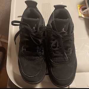 Jordan retro 4 “Black Cat” sneakers youth size 1Y, black, preowned/used. As Is